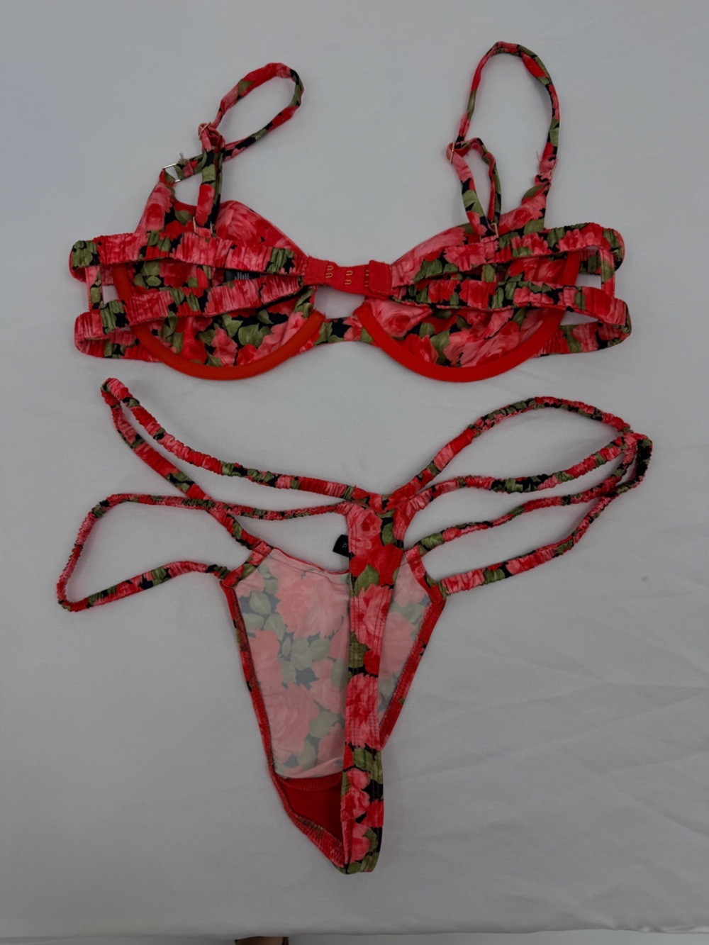 For Love & Lemons Floral Bikini Set L Top XL Bottom Strappy Red Swim - Picture 6 of 7